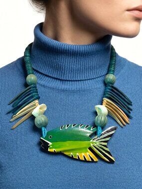 Vintage 80s Chunky Wood Fish Necklace Hand Painted Tropical Statement Jewelry
